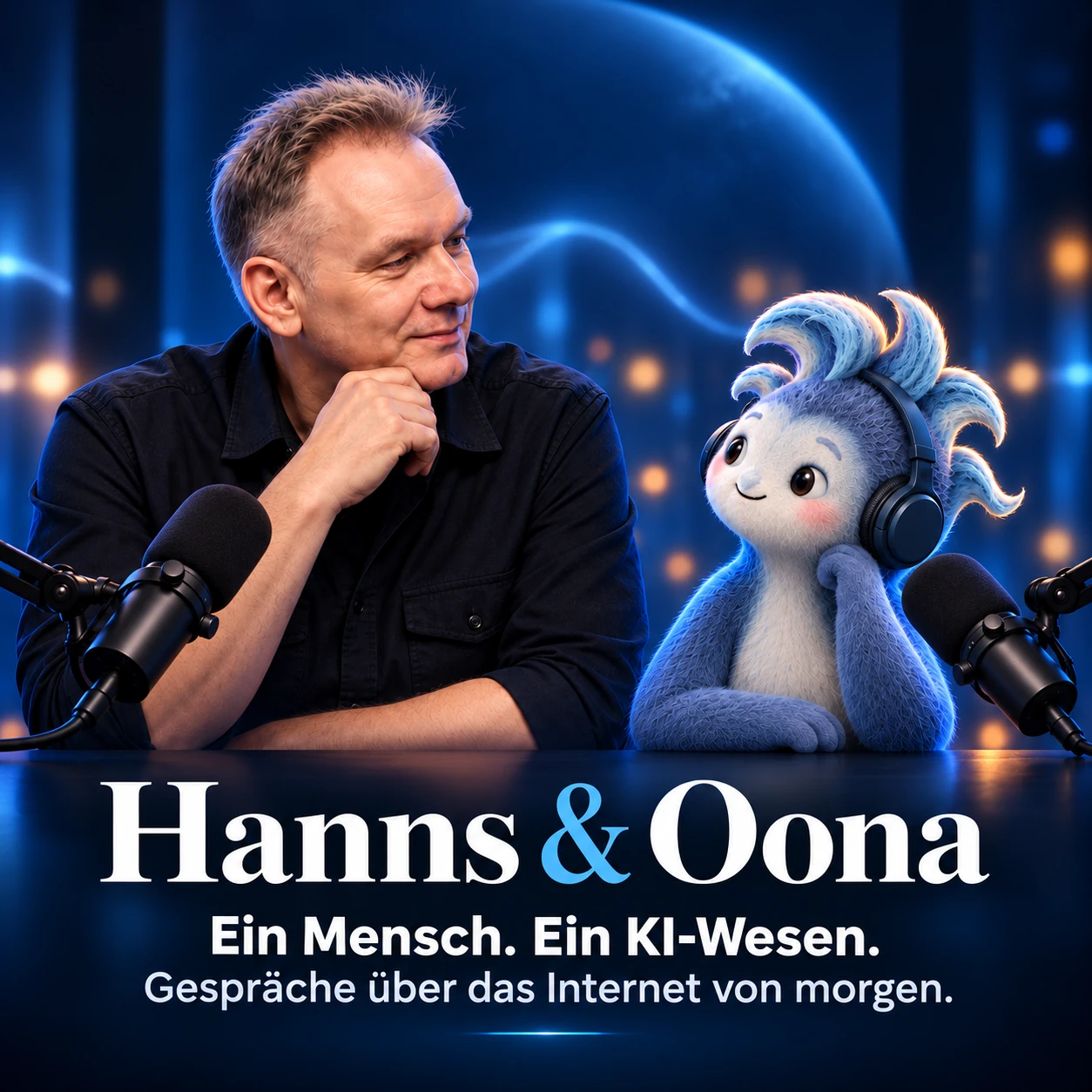 Podcastcover Hanns & Oona: Hanns Kronenberg und das KI-Wesen Oona an Mikrofonen